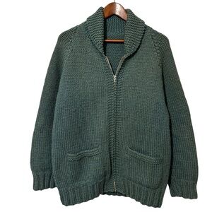 Vintage Handmade Thick Wool Green Zippered Sweater Collared Pockets Unisex